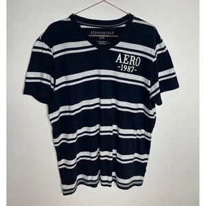 Aeropostale Womens Pullover Short Sleeve V Neck T Shirt Blue White Stripe Sz XL